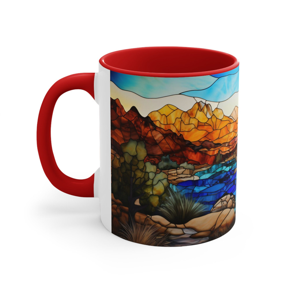 Stained Glass Style Mountain Range Coffee Mug Nature Inspired Tea Mug Outdoor Design Drinkware Stained Glass Nature Scene Cup Scenic Beauty 3.jpg