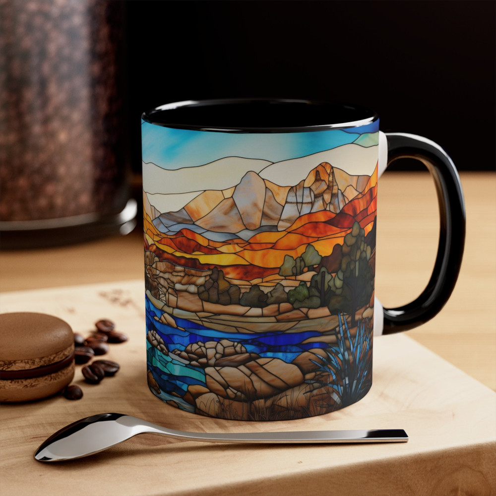 Stained Glass Style Mountain Range Coffee Mug Nature Inspired Tea Mug Outdoor Design Drinkware Stained Glass Nature Scene Cup Scenic Beauty 5.jpg