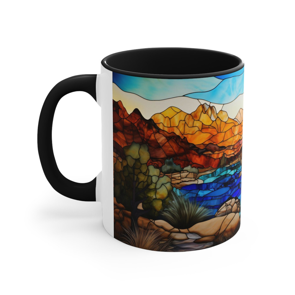 Stained Glass Style Mountain Range Coffee Mug Nature Inspired Tea Mug Outdoor Design Drinkware Stained Glass Nature Scene Cup Scenic Beauty 7.jpg