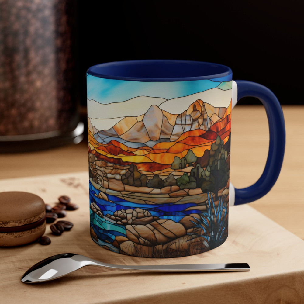 Stained Glass Style Mountain Range Coffee Mug Nature Inspired Tea Mug Outdoor Design Drinkware Stained Glass Nature Scene Cup Scenic Beauty 9.jpg
