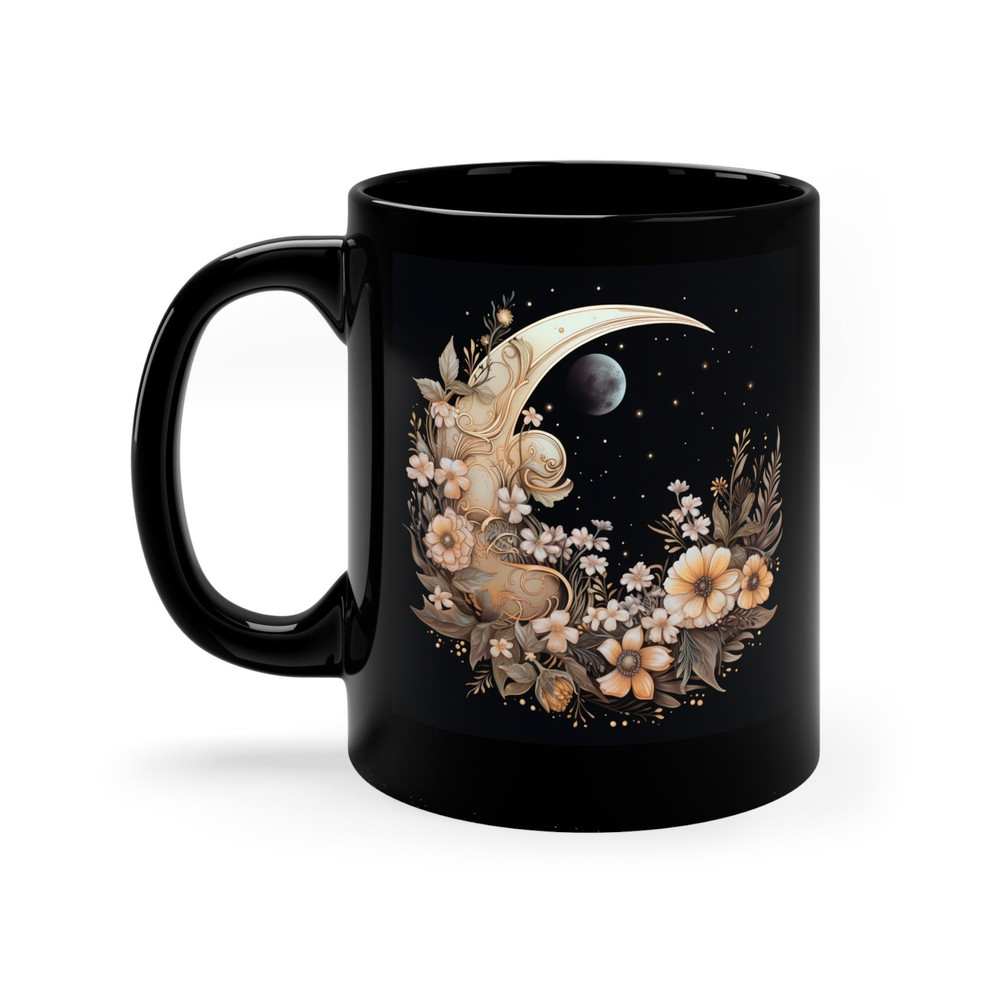 Vintage Floral Cottagecore Mug Floral Moon And Vintage Wildflowers Mug 11oz Black Botanical Vintage Floral Tea Cup Mystical Moon Coffee Cup 1.jpg