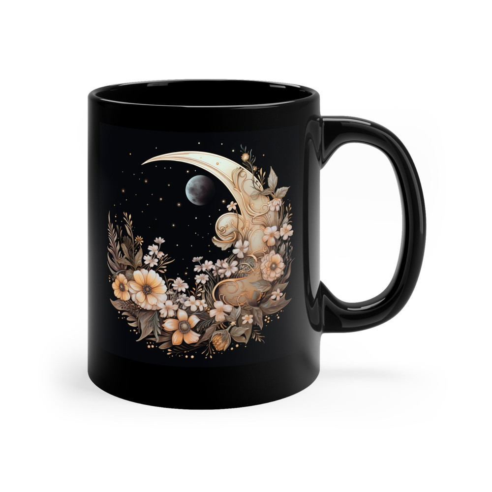 Vintage Floral Cottagecore Mug Floral Moon And Vintage Wildflowers Mug 11oz Black Botanical Vintage Floral Tea Cup Mystical Moon Coffee Cup 3.jpg
