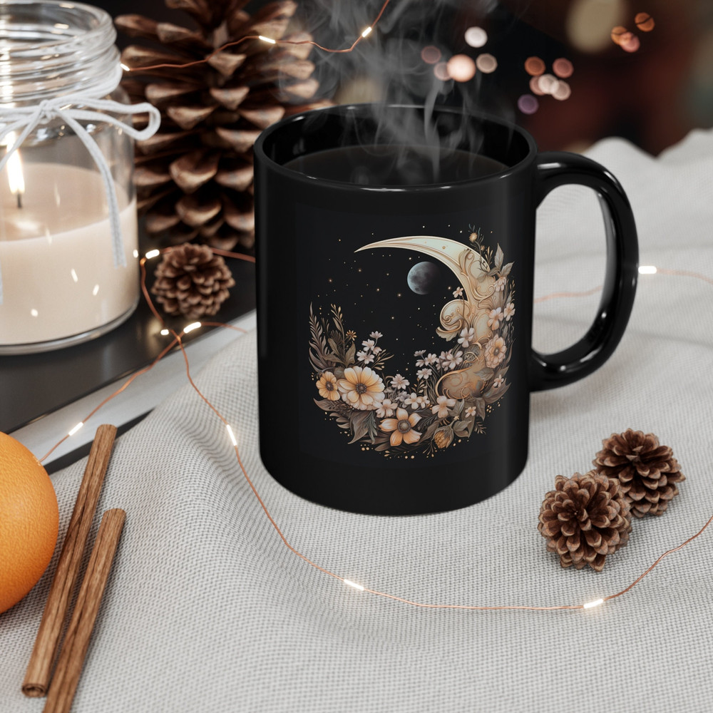 Vintage Floral Cottagecore Mug Floral Moon And Vintage Wildflowers Mug 11oz Black Botanical Vintage Floral Tea Cup Mystical Moon Coffee Cup 4.jpg