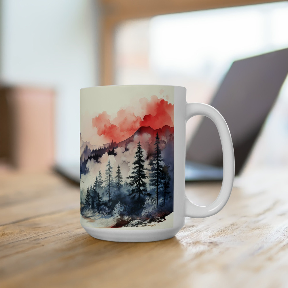 Winter Forest Tea Mug Forest Landscape Coffee Mug Snowy Forest And Pine Tree Cup 15oz Winter Ceramic Tea Cup Outdoors Lover Nature Gift Mug 4.jpg