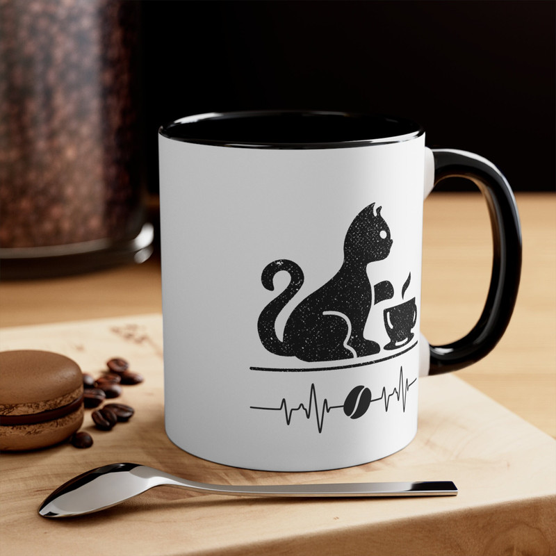 Cat Mom Cat Dad Coffee Lover Accent Coffee Mug 11oz, Two Toned Black and White Coffee Cup, Black Cat Coffee Bean Cardiogram Coffee Mug 2.jpg