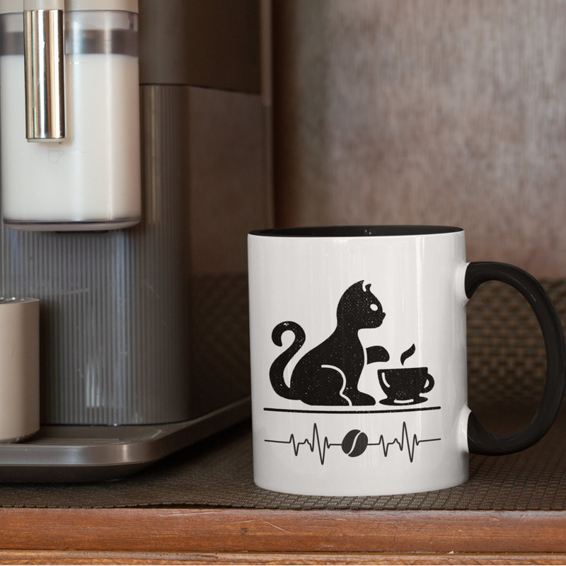 Cat Mom Cat Dad Coffee Lover Accent Coffee Mug 11oz, Two Toned Black and White Coffee Cup, Black Cat Coffee Bean Cardiogram Coffee Mug 4.jpg