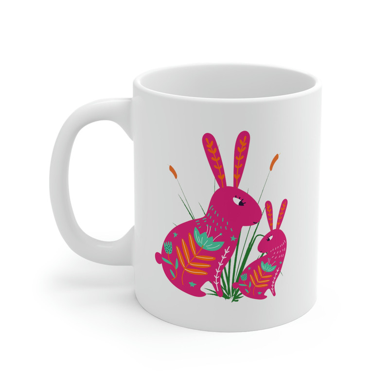Coffee Mug Mom Gift, Cute Floral Design Bunnies Print Gift For Mom or Child White Ceramic Mug 4.jpg