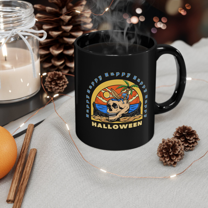 Halloween Black Mug 11oz, Skull on the Beach Happy Halloween Coffee Tea Mug, Tropical Halloween Coffee Mug Gift for a Friend. 8.jpg