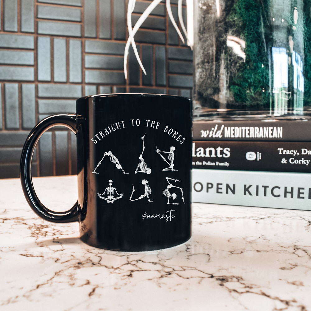 Halloween Vibe Black Ceramic Mug 11oz, Skeleton Yoga Pilates Coffee or Tea Mug, Perfect Funny Seasonal Gift for a Yoga Lover. 1.jpg