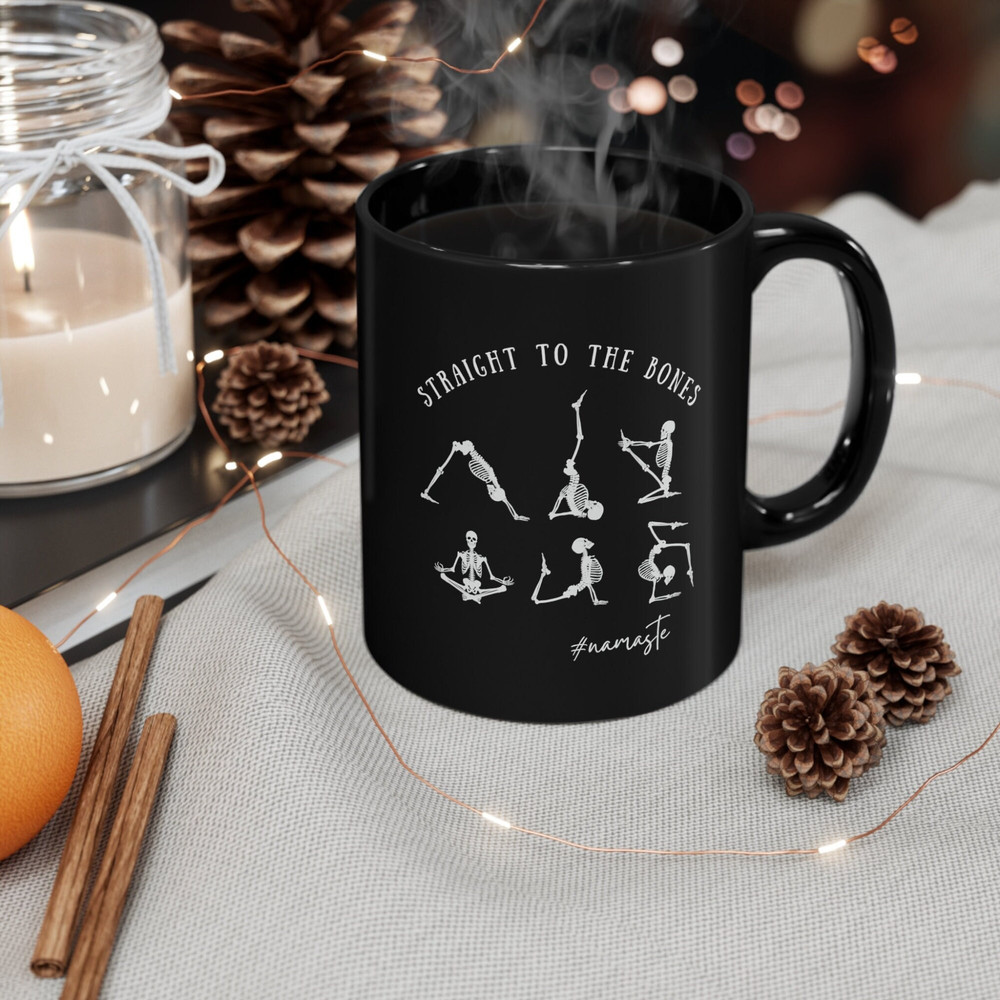 Halloween Vibe Black Ceramic Mug 11oz, Skeleton Yoga Pilates Coffee or Tea Mug, Perfect Funny Seasonal Gift for a Yoga Lover. 2.jpg