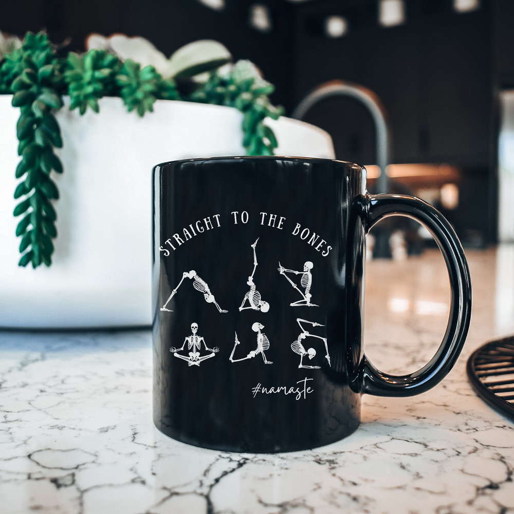 Halloween Vibe Black Ceramic Mug 11oz, Skeleton Yoga Pilates Coffee or Tea Mug, Perfect Funny Seasonal Gift for a Yoga Lover. 3.jpg