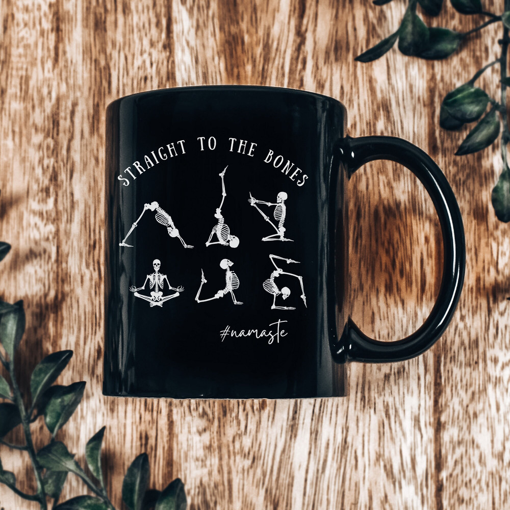 Halloween Vibe Black Ceramic Mug 11oz, Skeleton Yoga Pilates Coffee or Tea Mug, Perfect Funny Seasonal Gift for a Yoga Lover. 5.jpg