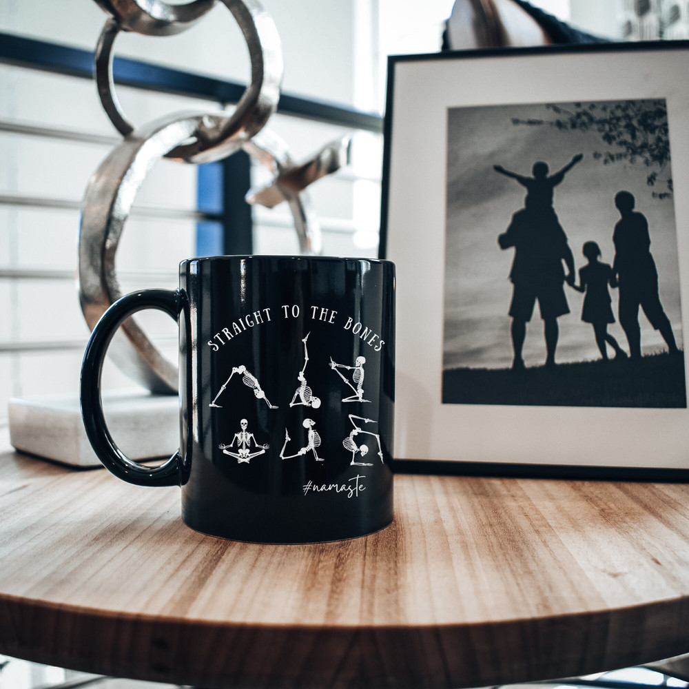 Halloween Vibe Black Ceramic Mug 11oz, Skeleton Yoga Pilates Coffee or Tea Mug, Perfect Funny Seasonal Gift for a Yoga Lover. 6.jpg