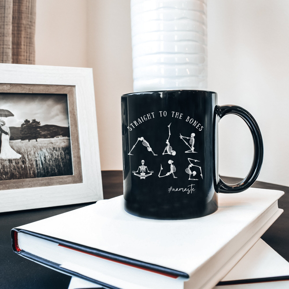 Halloween Vibe Black Ceramic Mug 11oz, Skeleton Yoga Pilates Coffee or Tea Mug, Perfect Funny Seasonal Gift for a Yoga Lover. 7.jpg