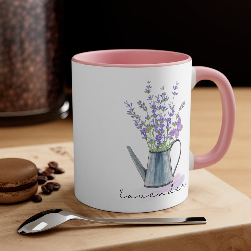 Lavender Bloom Accent Coffee Mug, 11oz Minimalist Pastel Lavender Bouquet Floral Design Ceramic Coffee Tea Mug Gift for Gardener Plant Mom 2.jpg
