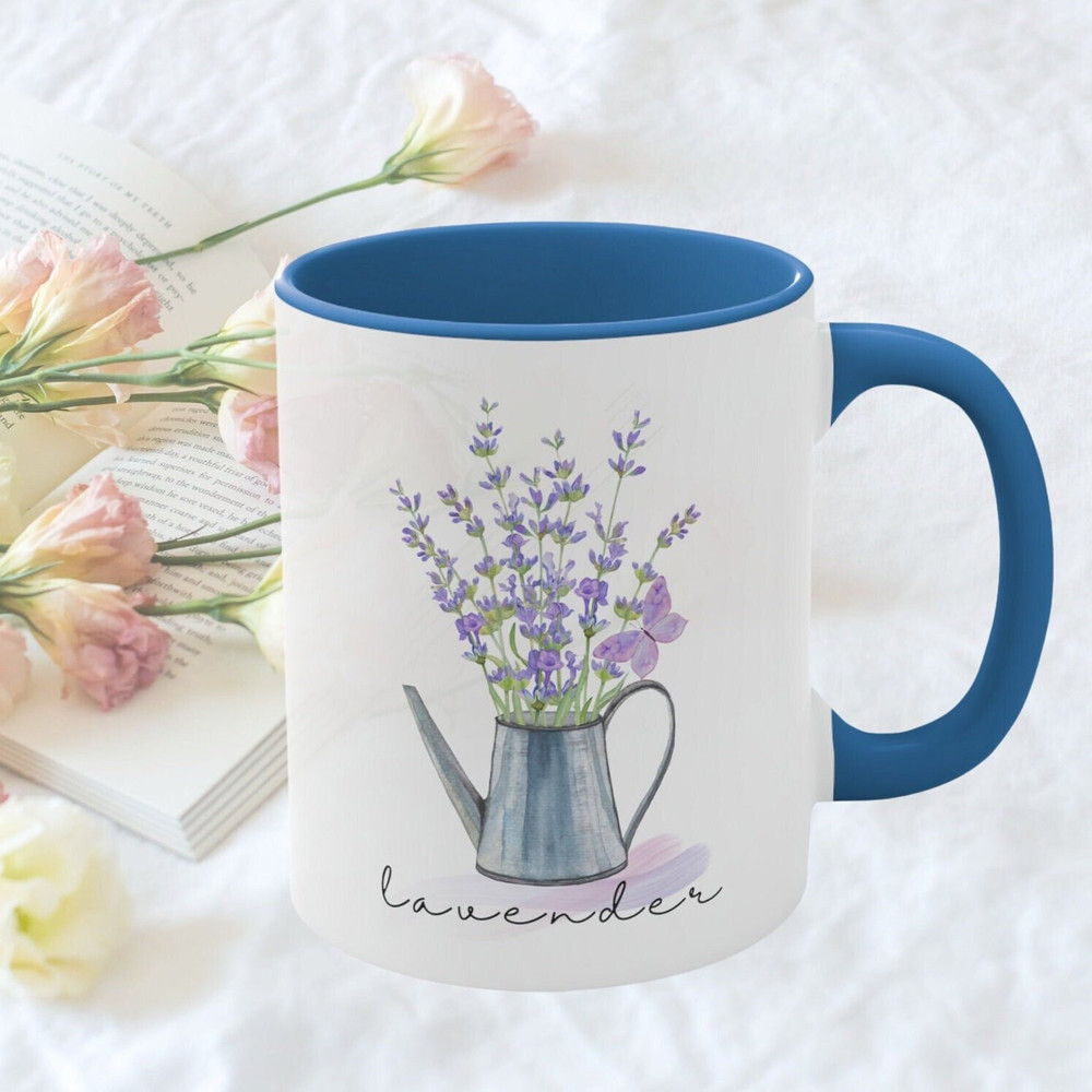Lavender Bloom Accent Coffee Mug, 11oz Minimalist Pastel Lavender Bouquet Floral Design Ceramic Coffee Tea Mug Gift for Gardener Plant Mom 3.jpg