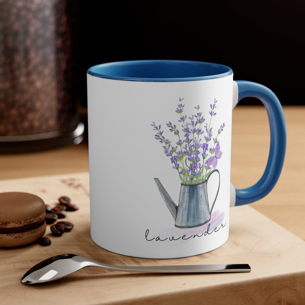 Lavender Bloom Accent Coffee Mug, 11oz Minimalist Pastel Lavender Bouquet Floral Design Ceramic Coffee Tea Mug Gift for Gardener Plant Mom 5.jpg