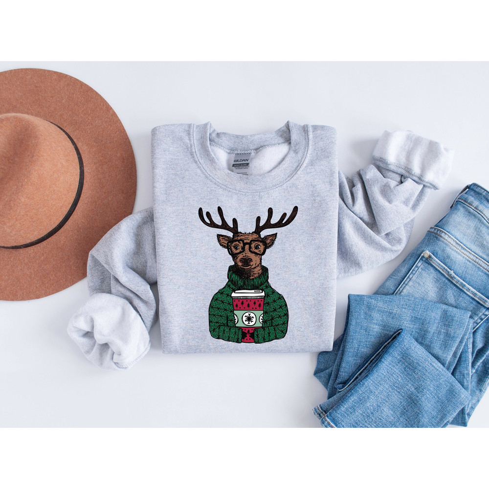 Christmas Sweatshirt, Christmas Coffee Sweater, Reindeer Sweatshirt, Christmas Crewneck, Holiday Sweater, Coffee Lover Gift, New Year Shirt.jpg
