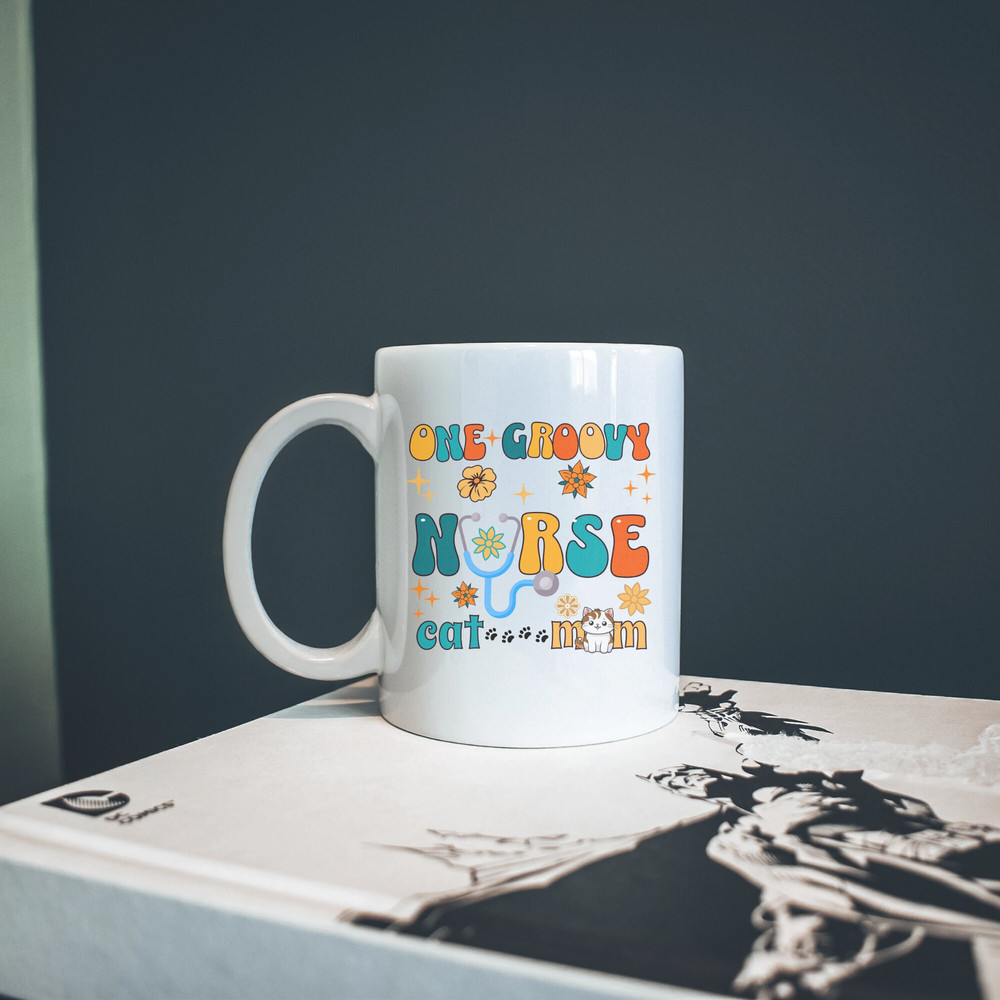 One Groovy Nurse Cat Mom White Ceramic Mug 11oz, Cat Lover Nurse Cat Owner Coffee Mug, Retro Cat Mom Gift for Nurse Feline Parent. 3.jpg