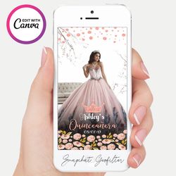 snapchat geofilter, snapchat filter, sweet 16, quince, quinceanera, blush flowers, pink and gold snapchat geofilter