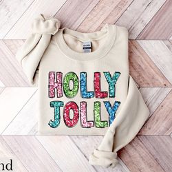 Holly Jolly Sweatshirt, Christmas Shirt For Women, Christmas Gift, Faux Sequin Shirt, Womens Christmas, Holiday Sweaters