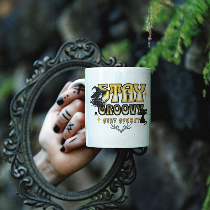 Stay Groovy Stay Spooky Halloween Ceramic White Mug 11oz, Groovy Halloween Coffee Mug, Spooky Witch Black Cat Halloween Gift for Friend. 1.jpg
