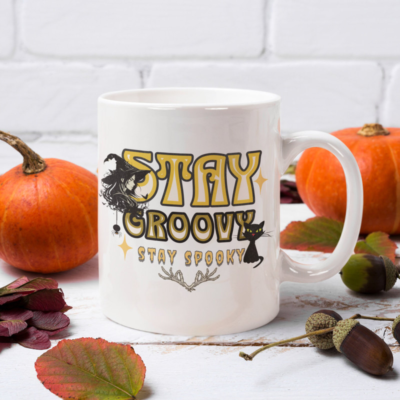 Stay Groovy Stay Spooky Halloween Ceramic White Mug 11oz, Groovy Halloween Coffee Mug, Spooky Witch Black Cat Halloween Gift for Friend. 2.jpg