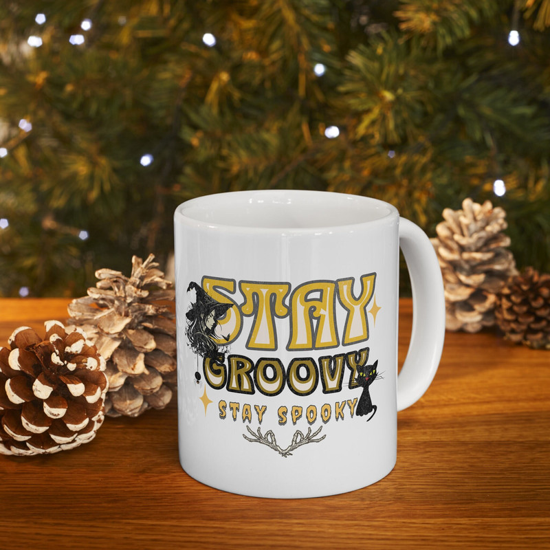 Stay Groovy Stay Spooky Halloween Ceramic White Mug 11oz, Groovy Halloween Coffee Mug, Spooky Witch Black Cat Halloween Gift for Friend. 3.jpg