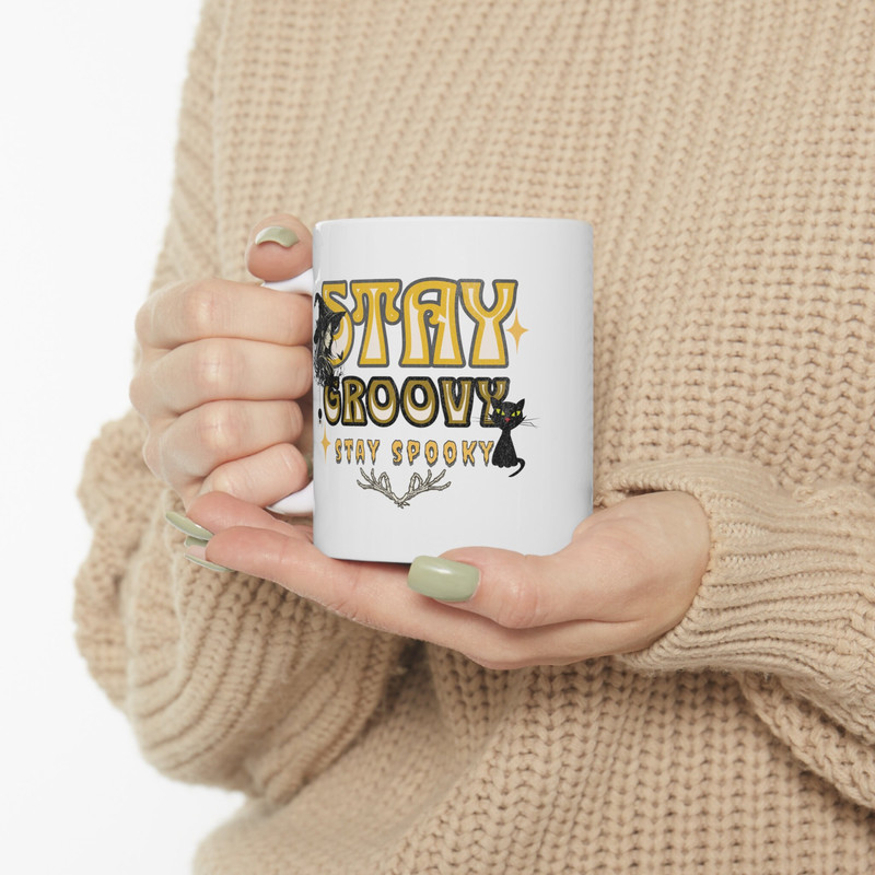 Stay Groovy Stay Spooky Halloween Ceramic White Mug 11oz, Groovy Halloween Coffee Mug, Spooky Witch Black Cat Halloween Gift for Friend. 4.jpg