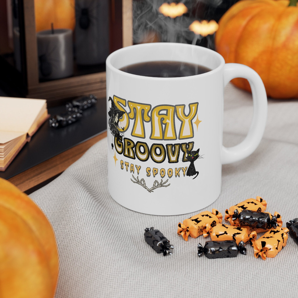 Stay Groovy Stay Spooky Halloween Ceramic White Mug 11oz, Groovy Halloween Coffee Mug, Spooky Witch Black Cat Halloween Gift for Friend. 5.jpg