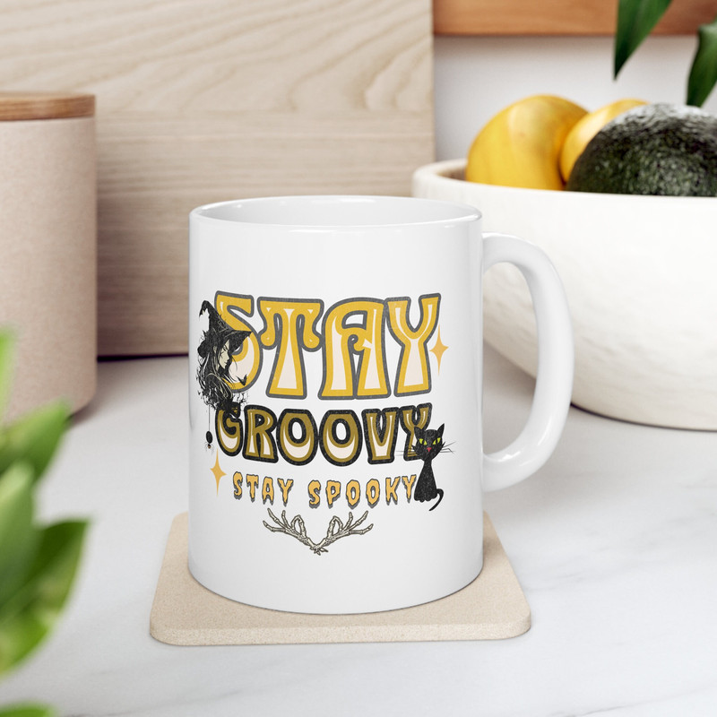 Stay Groovy Stay Spooky Halloween Ceramic White Mug 11oz, Groovy Halloween Coffee Mug, Spooky Witch Black Cat Halloween Gift for Friend. 6.jpg