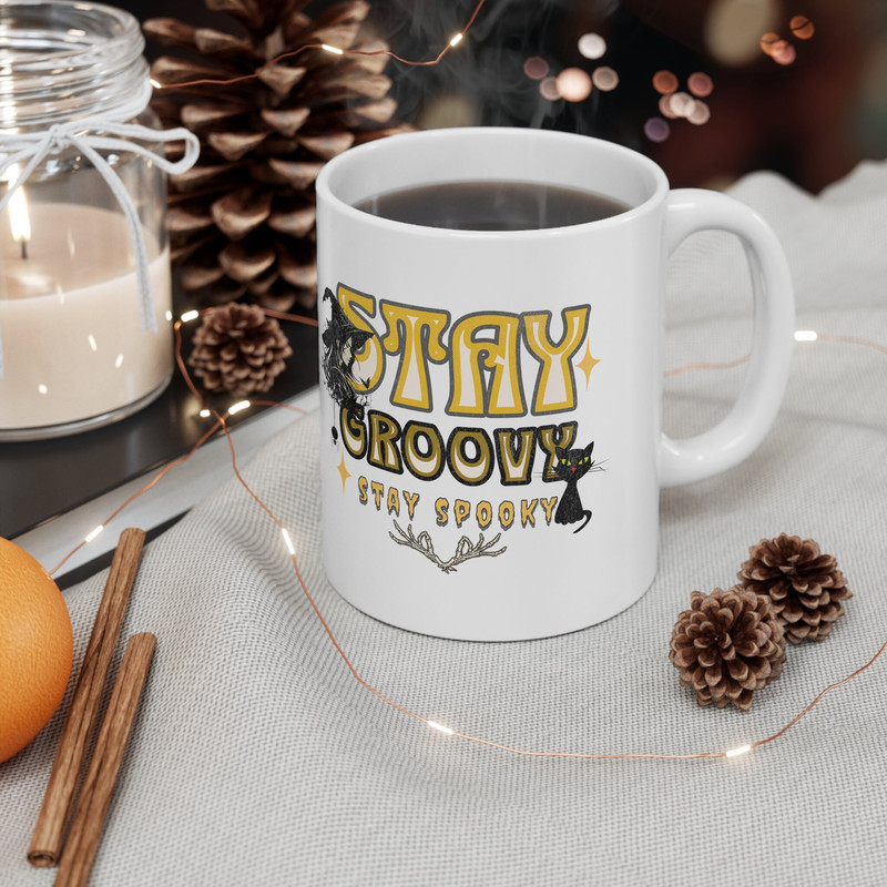 Stay Groovy Stay Spooky Halloween Ceramic White Mug 11oz, Groovy Halloween Coffee Mug, Spooky Witch Black Cat Halloween Gift for Friend. 7.jpg