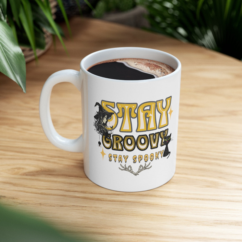 Stay Groovy Stay Spooky Halloween Ceramic White Mug 11oz, Groovy Halloween Coffee Mug, Spooky Witch Black Cat Halloween Gift for Friend. 8.jpg