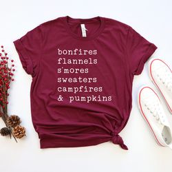 bonfires flannels s'mores sweaters campfires and pumpkins, autumn shirt, fall shirts, thanksgiving, women's graphic tee