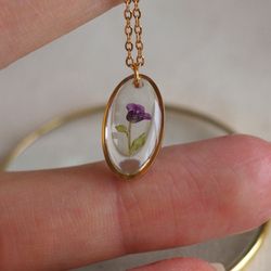 pressed flower necklace, gold stainless steel necklace