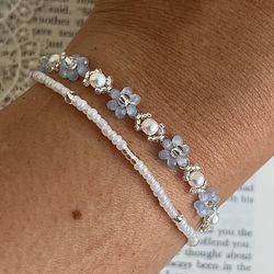 Crystal and pearl jewelry Beaded bracelet Handmade jewelry Blue flower bracelet Daisy bracelets set Gift for women