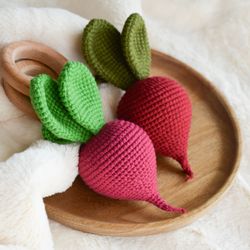 Beetroot crochet rattle on wooden ring Christmas newborn gift