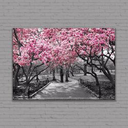 cherry blossoms canvas, sakura poster, black white pink japanese painting, 3 and 5 piece canvas wall art, ready to hang.