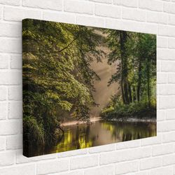 forest canvas wall art, forest tree poster, forest river painting nature art living room sun forest prints extra large c