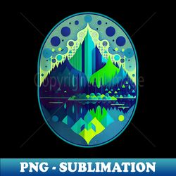 Cool oval landscape design featuring mountain, forest and lake - Professional Sublimation Digital Download - Perfect for Sublimation Art
