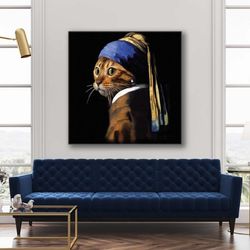 painting of a girl with a pearl earring cute cat vermerr roll up canvas, stretched canvas art, framed wall art painting-