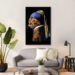 painting of a girl with a pearl earring cute cat vermerr roll up canvas, stretched canvas art, framed wall art painting