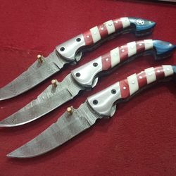 lot of 3 handmade damascus steel liner lock pocket folding knife with sheath