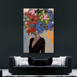 colorful flower head woman canvas, flower head woman poster, ethnic woman canvas print, ready to hang canvas.jpg