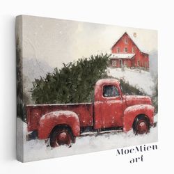 Vintage Classic Red Truck with Christmas Tree and Farmhouse Landscape Wall Art Canvas Poster Oil Painting Red Truck Home