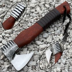 custom hand-forged viking axe | 18" etched carbon steel blade & string-wrapped wood handle | handmade tomahawk with leat