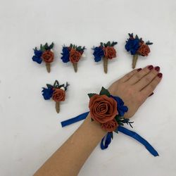 Blue and rust corsage and boutonniere set. Prom corsage and boutonniere set.