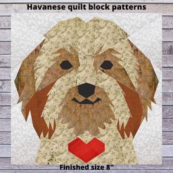 Havanese dog quilt block patterns 3 versions with variations. Dog quilt block PDF patterns in paper piecing technique.