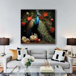 peacock in front of white and red roses roll up canvas, stretched canvas art, framed wall art painting-2