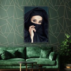 pearl embellished hijab female model roll up canvas, stretched canvas art, framed wall art painting